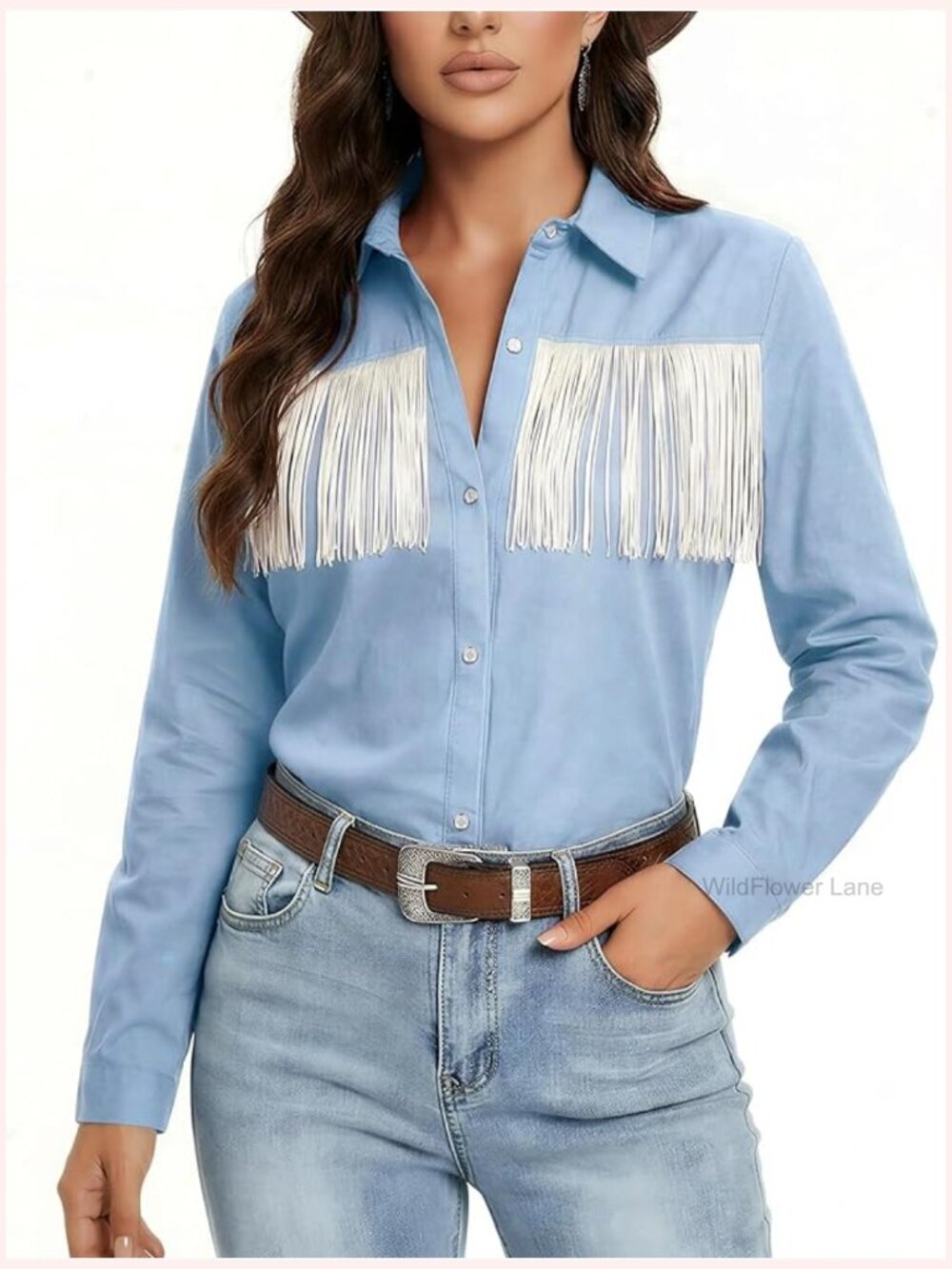 Western Fringe Button Down Shirt Long Sleeve Cowgirl Top